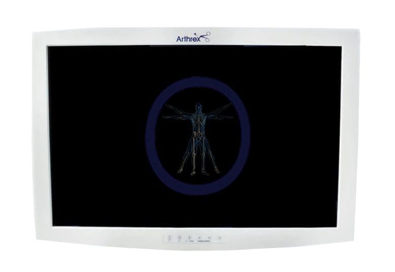 A medical monitor displaying a digital image of a human skeleton within a blue circle, branded with "Arthrex-IR8304 26″ HD Flat Panel Monitor".