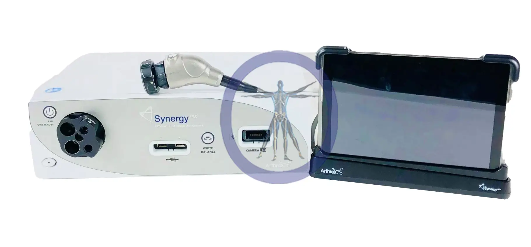 Medical device labeled "Arthrex Synergy HD3 Camera System" with ports and cables connected to a small portable screen, isolated on a white background.