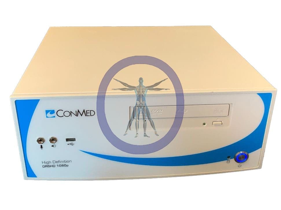 A ConMed Linvatec DRSHD 1080p Digital Recording System with branding and a blue circle containing a humanoid graphic on the front panel.