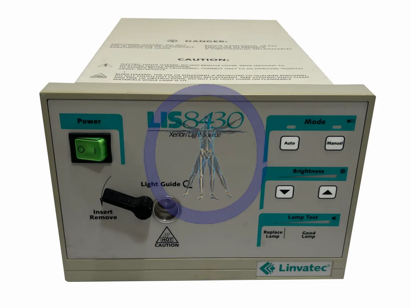 Front view of a Conmed/Linvatec LIS8430 Light Source medical device with various control buttons and warning labels.