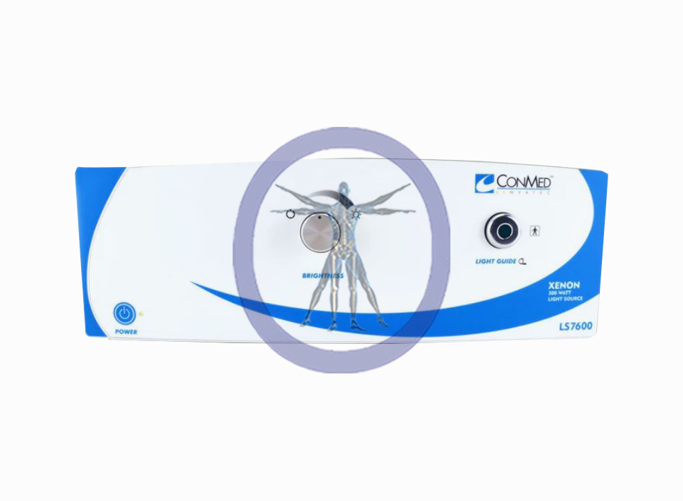 Packaging for a Conmed/Linvatec LS7600 Light Source, featuring a graphic of a human anatomy model overlayed with circular design elements.