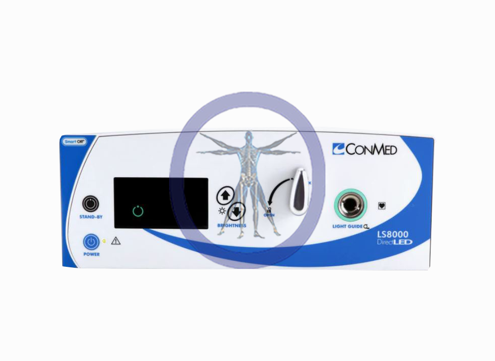 Conmed/Linvatec LS8000 LED Light Source medical device with a digital screen, power button, and ports, featuring a human anatomy graphic.