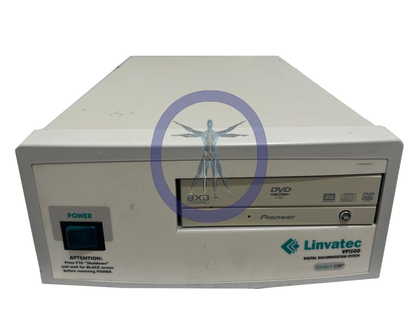 A ConMed VP1500 HD 1080p Digital Image Capture System, featuring dvd and vhs drives, with a power button and warning label on the front.