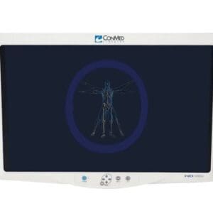 A Conmed-VP4623 23″ HD Flat Panel Monitor displaying a digital x-ray image of a human skeleton with arms outstretched, encircled in blue on a dark screen.