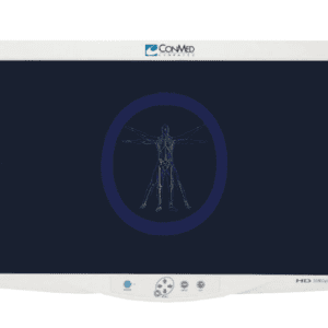 A Conmed-VP4732 32″ HD Flat Panel Monitor displaying a digital skeletal image of a human body in a vitruvian man pose, encircled in blue.