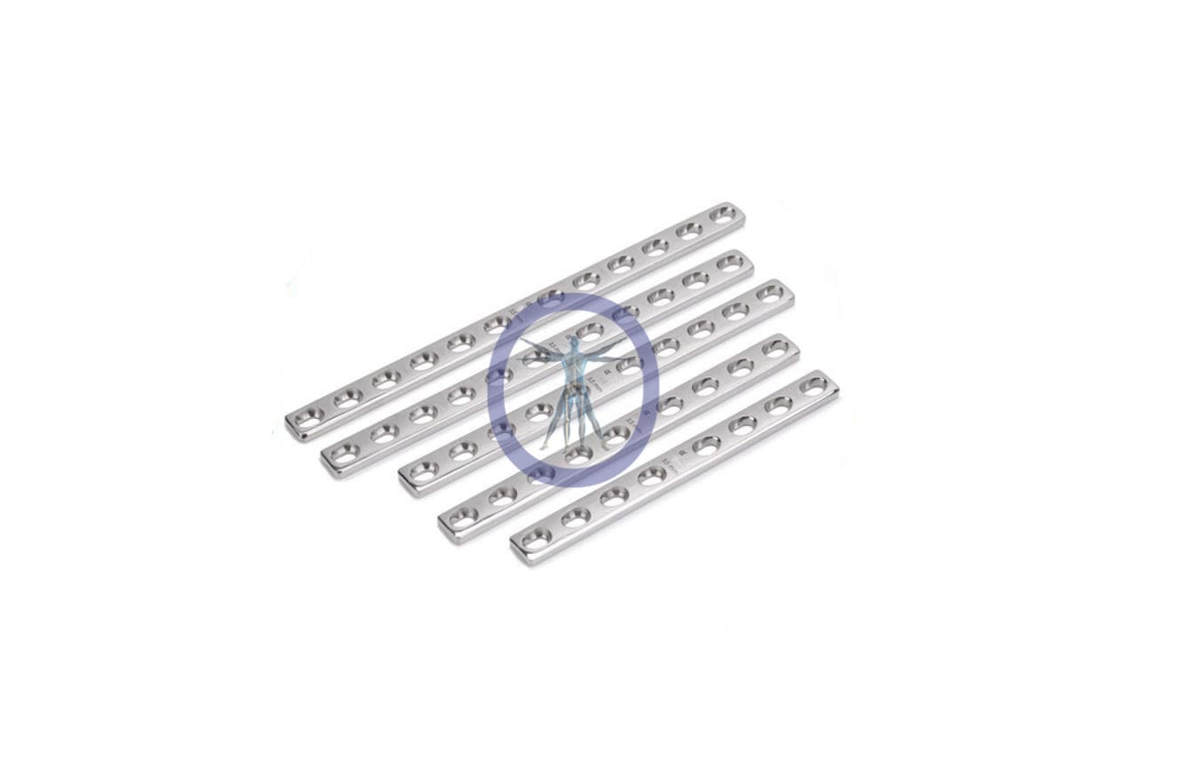 Five surgical bone plates with holes.