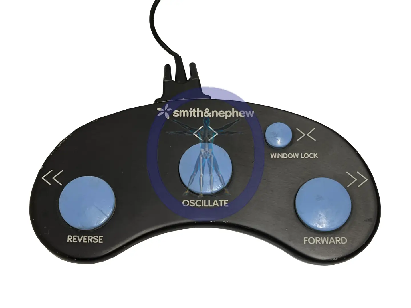 Black wireless remote control with blue buttons labeled "reverse," "oscillate," "window lock," and "forward," branded by Smith & Nephew/Dyonics Power 7205399 Electric Foot Pedal.