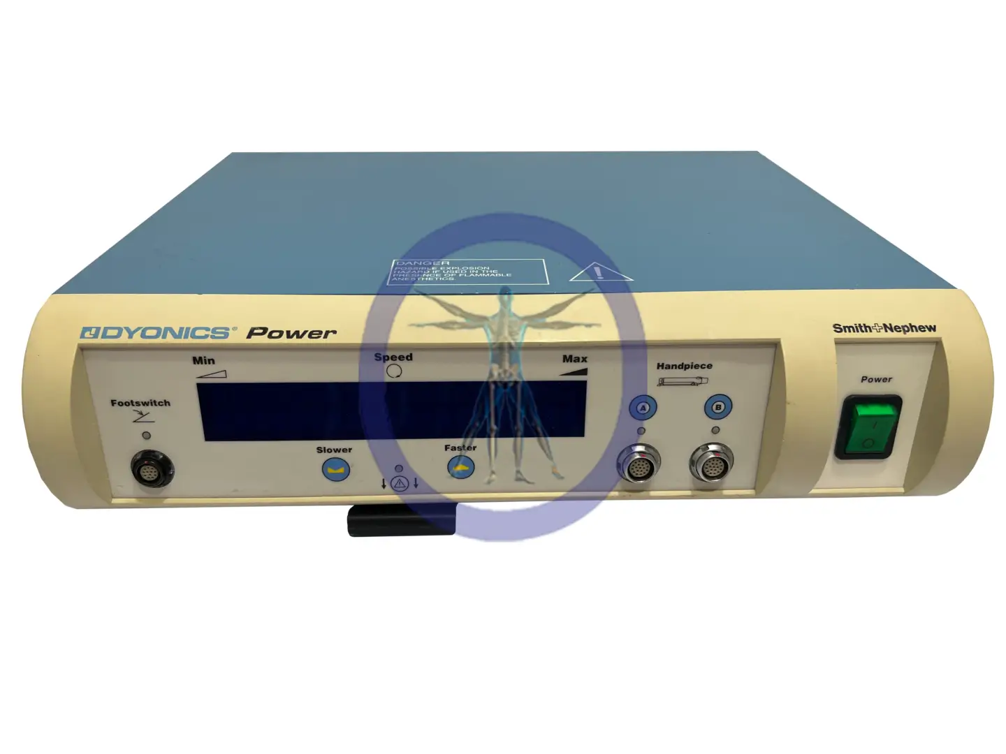 Yellow Smith & Nephew/Dyonics Power 7205841 Electric Console with control knobs and a green power button, used in surgical settings, manufactured by Smith & Nephew.