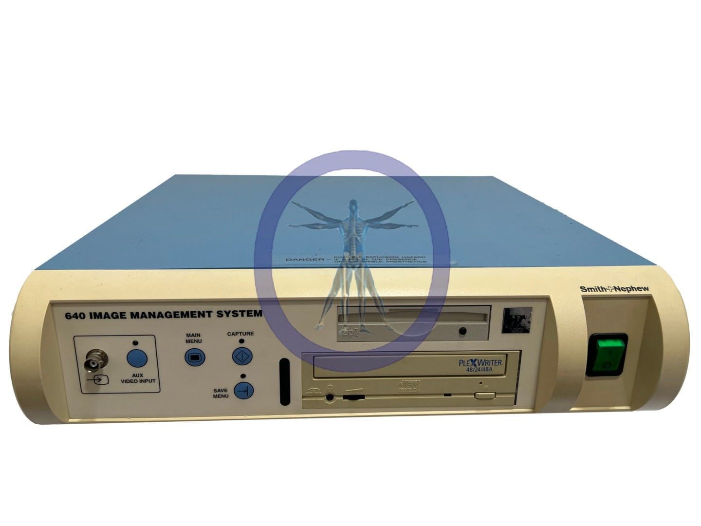 A Smith & Nephew 7210233 640 medical imaging management system featuring various connectors, buttons, and a small display screen with a glowing green power indicator.