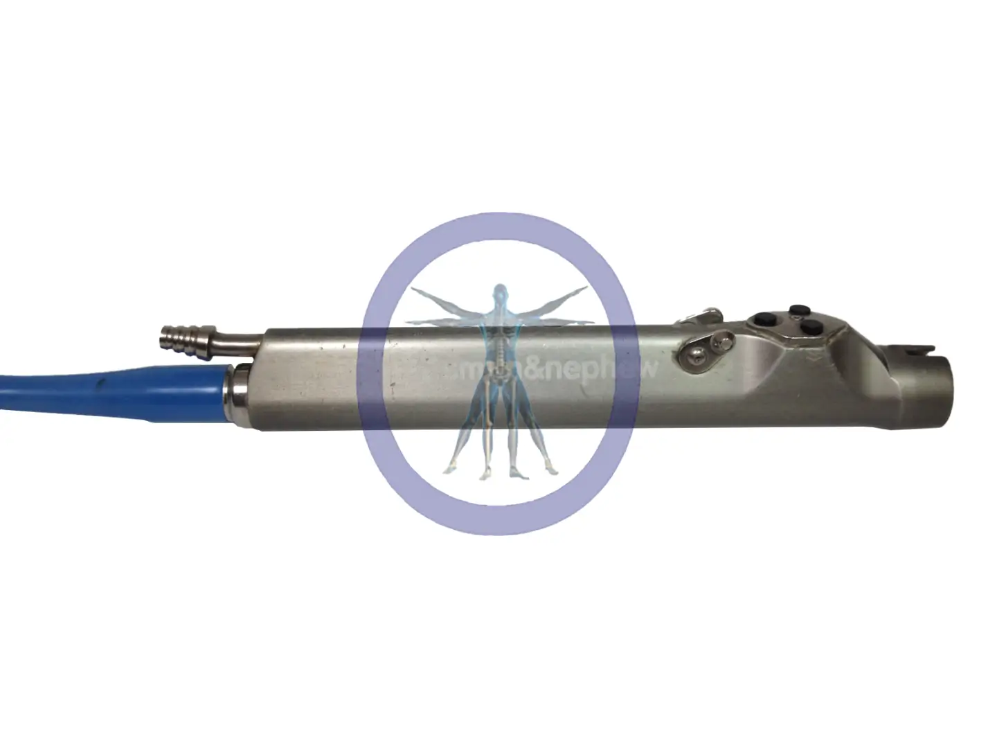 Smith & Nephew/Dyonics 7210542 Power Max Shaver With Buttons, likely a surgical tool, with a blue cable and metal body, featuring a faded company logo, isolated on a white background.