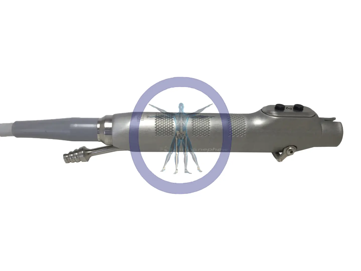 Endoscopic Smith & Nephew/Dyonics 72201500 Power Mini Shaver With Buttons with a small blue holographic human figure displayed in a circular frame at the center.