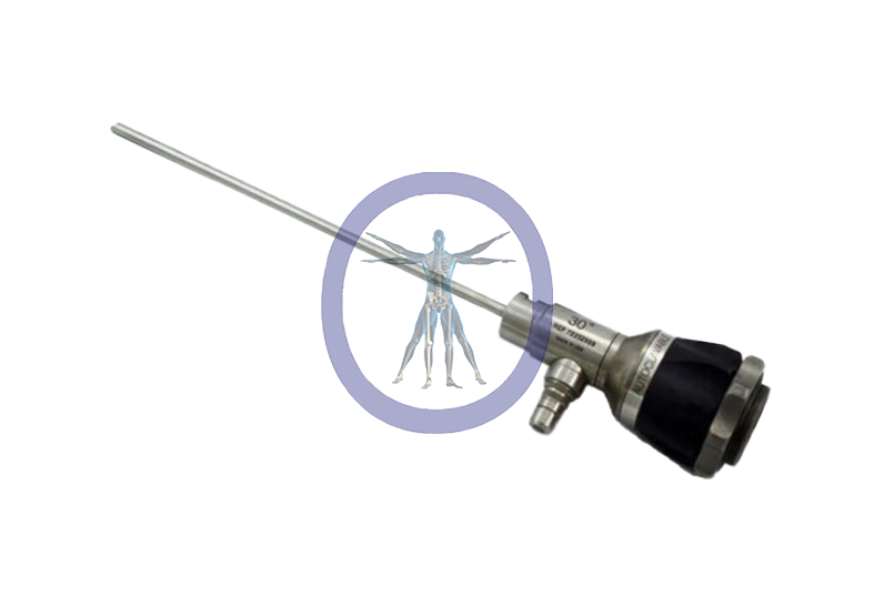 An arthroscope with an illustrated human figure in a blue circle at the tip, symbolizing medical examination of the human body.