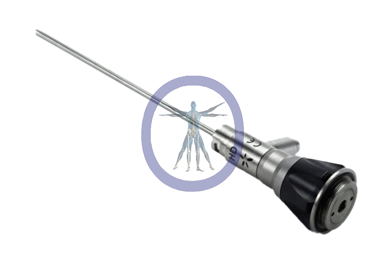 A syringe with a small depiction of the Smith & Nephew/Dyonics 72202961 4mm, 30° HD Arthroscope inside a purple circle positioned at the needle's tip, symbolizing medical precision and human anatomy.