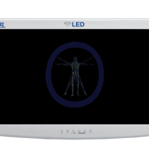 KarlStorz-90X0515-E WideView HighBright HD LED Monitor showing an x-ray image of a human skeleton in a vitruvian man pose on a dark background.