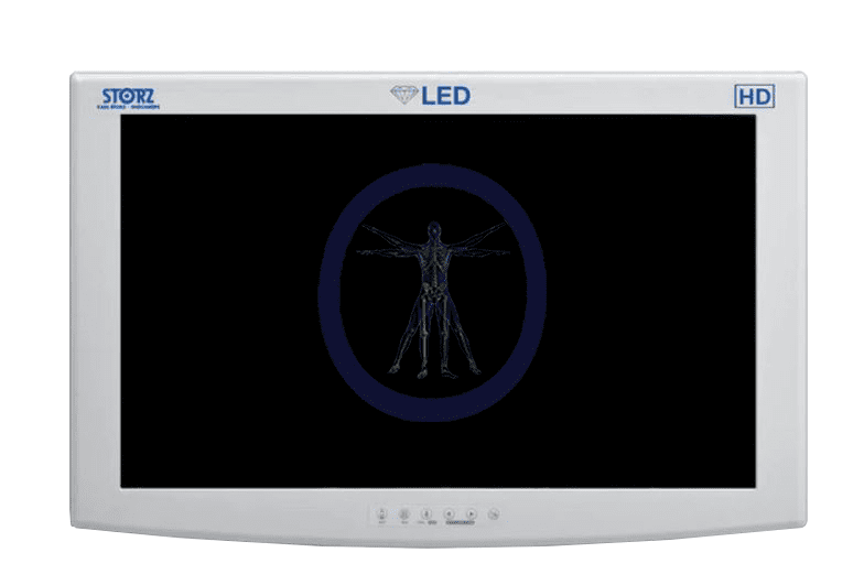 KarlStorz-90X0515-E WideView HighBright HD LED Monitor showing an x-ray image of a human skeleton in a vitruvian man pose on a dark background.