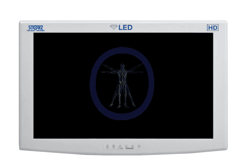 A KarlStorz-90X0516-B 26" WideView HighBright HD LED monitor displaying a digital x-ray image of a human skeleton with led and hd labels on the bezel.