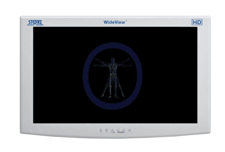A KarlStorz-9424HDAF 24″ HD Flat Panel Monitor displaying a digital blue x-ray image of a human skeleton with outstretched arms.