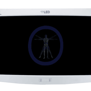 Medical image of a human skeleton displayed on a KarlStorz-9826NB 26″ 9826NB-US LED HD Monitor, viewed frontally with a blue background.