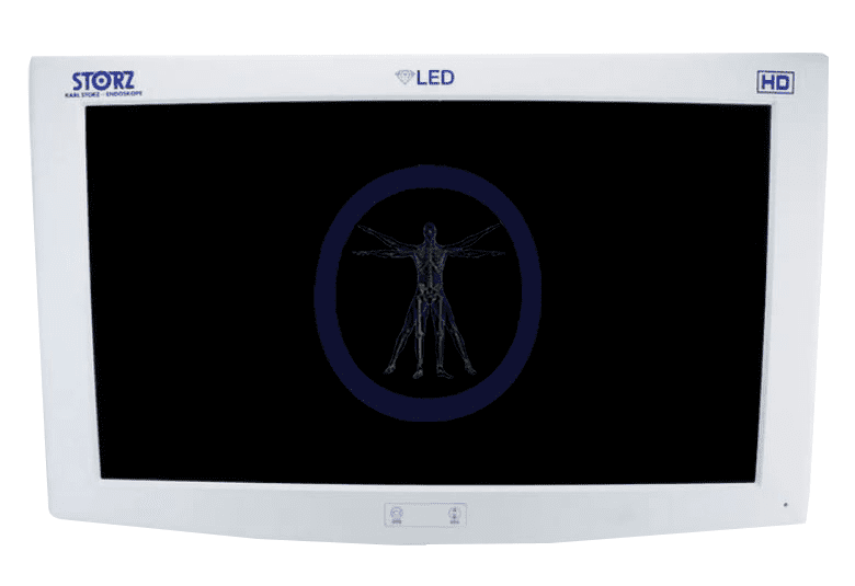 Medical image of a human skeleton displayed on a KarlStorz-9826NB 26″ 9826NB-US LED HD Monitor, viewed frontally with a blue background.