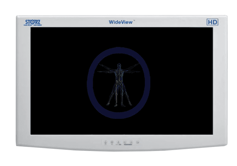 A medical monitor displaying an x-ray image of a human skeleton with outstretched arms, KarlStorz-SC-WU26-A1515 26″ HD WideView Flat Panel Monitor.