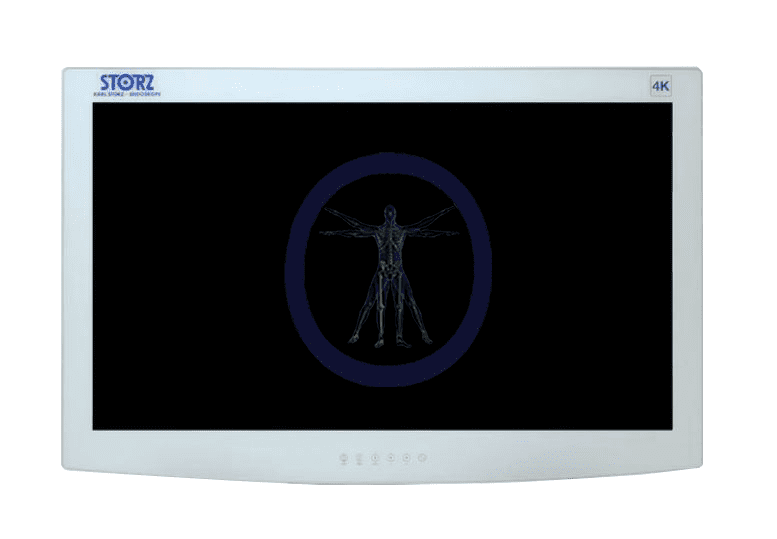 A KarlStorz-TM341 31" 4K Surgical Monitor displaying a blue digital rendering of a human skeleton on a black background.
