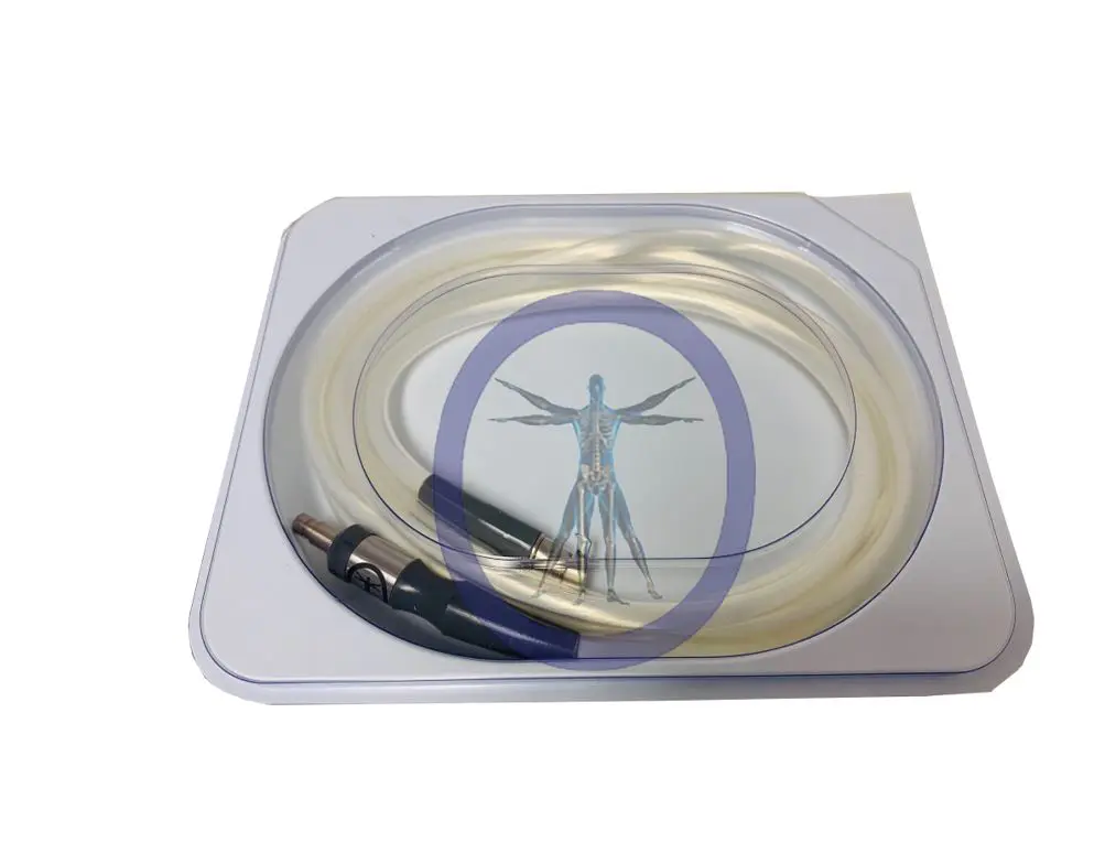 A Orthopedic Surgical Solutions 10152CL Stryker Compatible Light Source Cable illustration layered between two transparent acrylic plates, with pens resting beside, on a grayish-blue background.