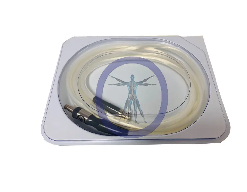 A Orthopedic Surgical Solutions 15450CL Conmed/Linvatec Compatible Light Source Cable with pens on top, covered by a transparent dish containing a hologram of a human figure, against a white background.
