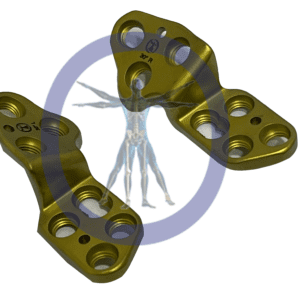 Two gold orthopedic plates for bone repair.