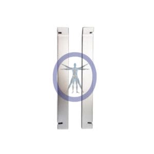 Two silver metal surgical blades.