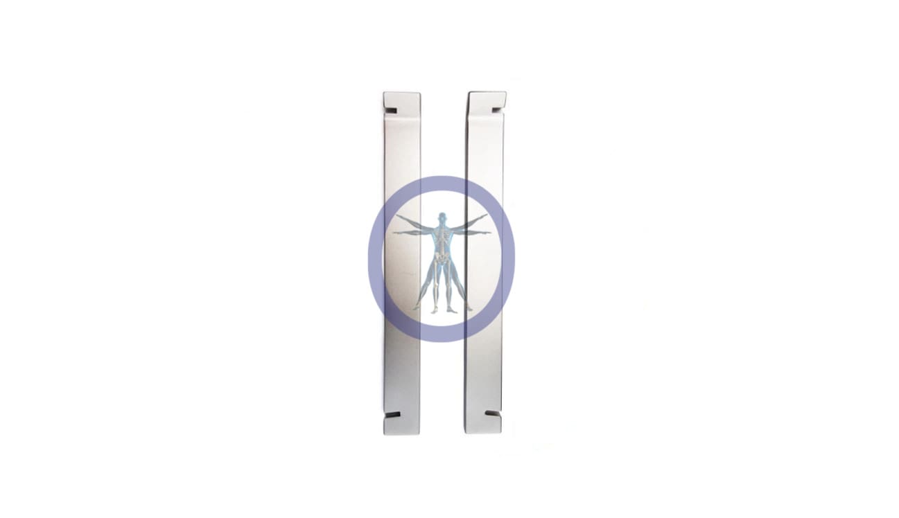 Two stainless steel surgical blades.