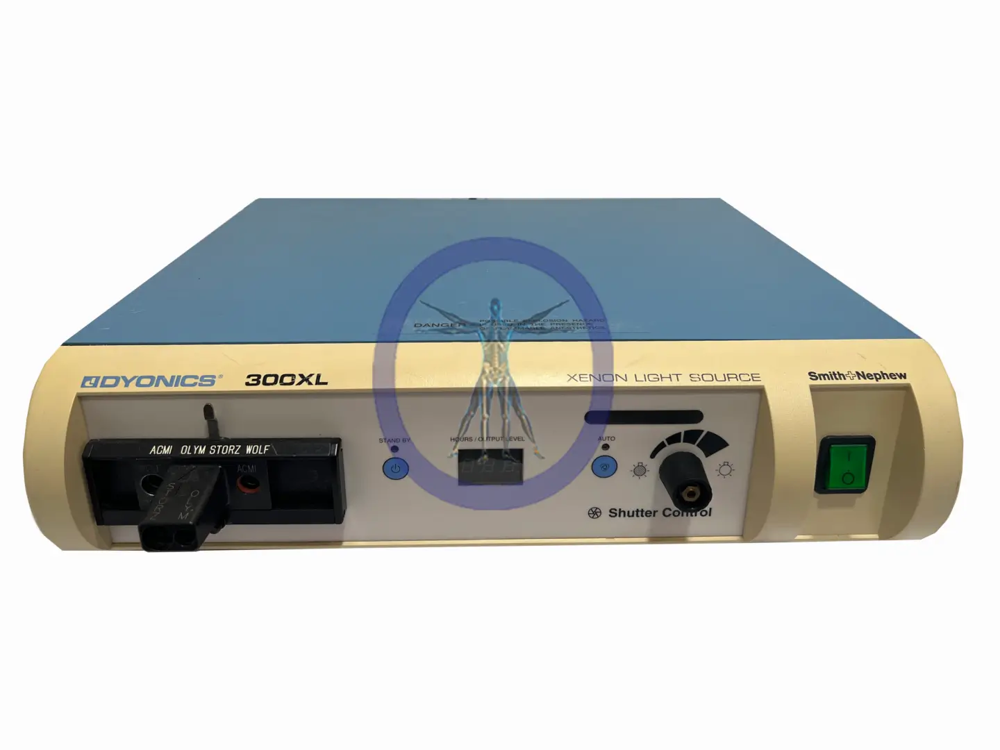 Front view of a Smith & Nephew 300XL Light Source medical device with ports and power switch visible.
