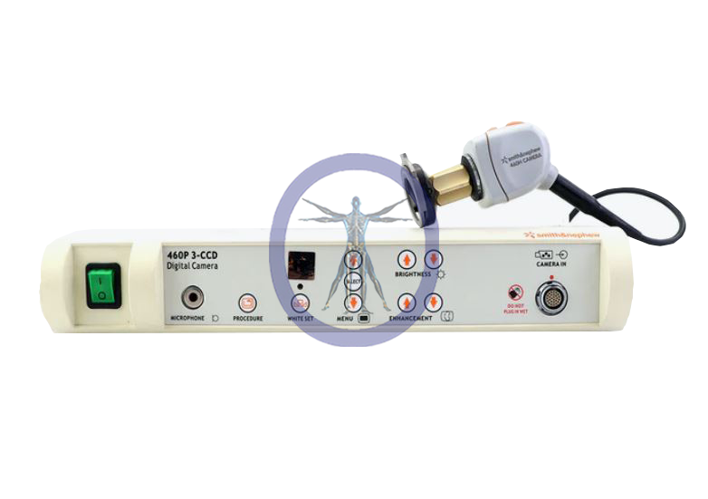 A Smith & Nephew/Dyonics 460P Camera System with various ports and a connected digital camera, displayed on a white background.