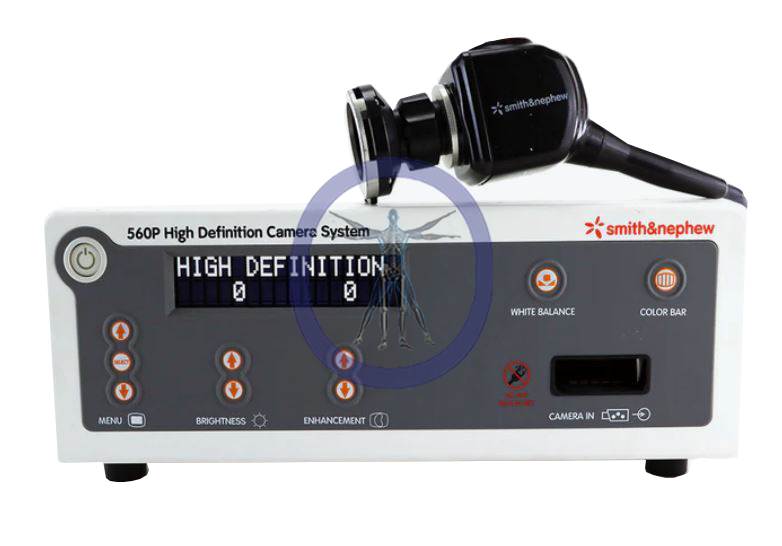 Smith & Nephew/Dyonics 560P Camera System with an attached headset, featuring control buttons for brightness, white balance, and color bar settings.