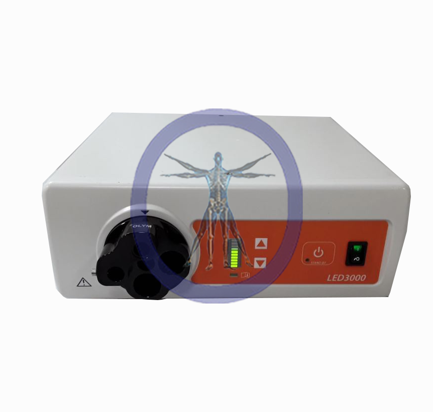 A medical device labeled "Smith & Nephew LED3000 LED Light Source" featuring a control knob, status lights, a power switch, and a human anatomy graphic centered on the front panel.