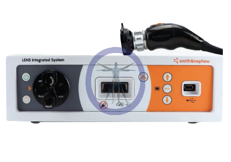 A Smith & Nephew/Dyonics LENS Camera System integrated system console with various control dials and buttons, featuring a display and surgical handpiece.
