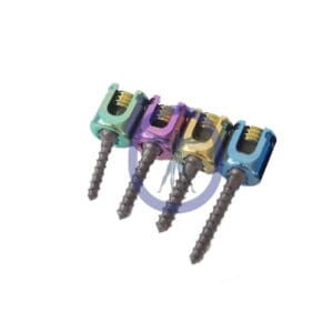 Four colorful surgical screws for bone repair.