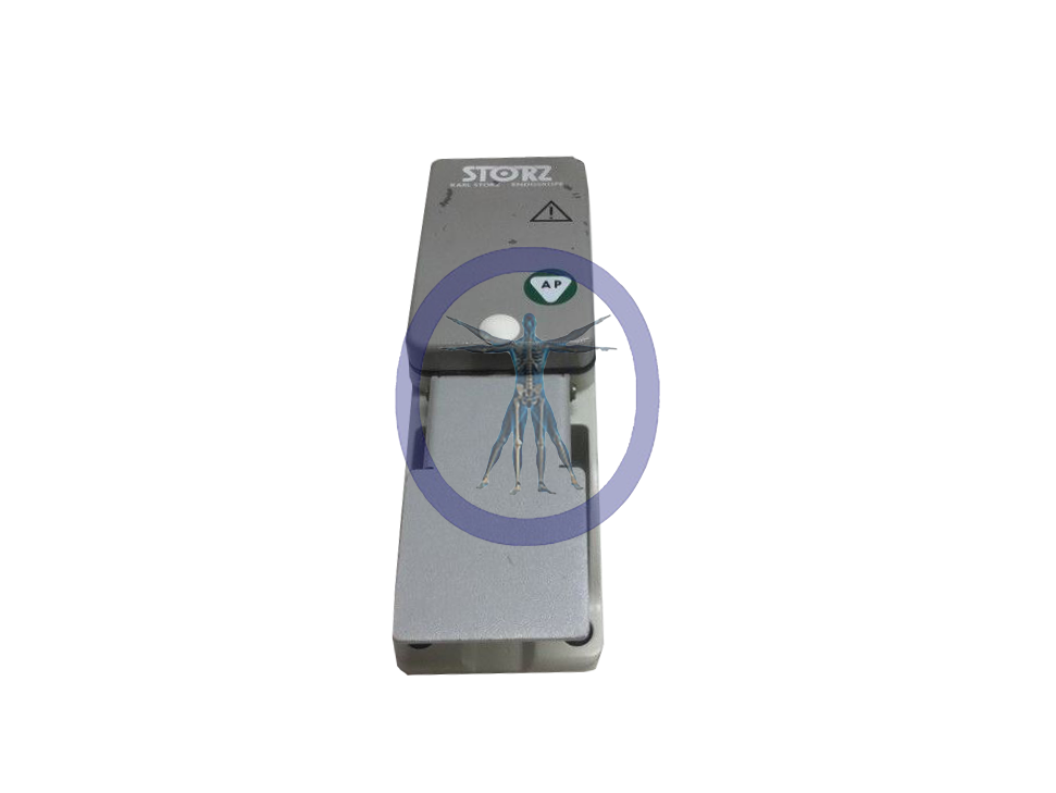 A small dragonfly perched on a Karl Storz 20010230 One Pedal Foot Switch, highlighted by a translucent purple circle.