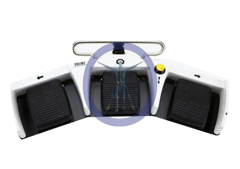 White Karl Storz 20012832 Three Pedal Foot Switch with hand grips and a central display screen featuring a digital human skeleton.