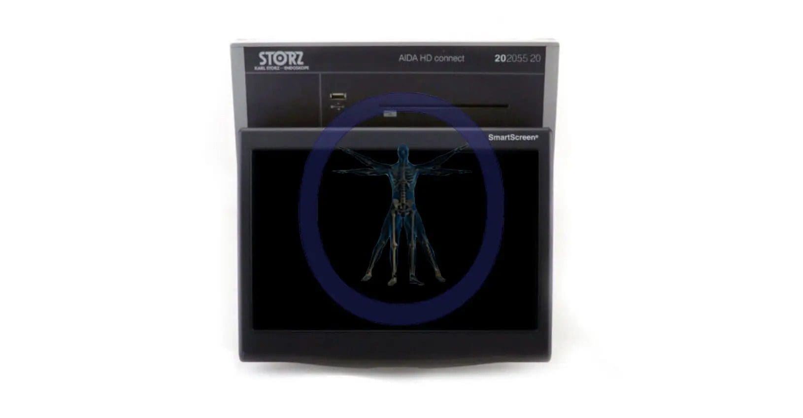 A Karl Storz 20205520 AIDA HD Image Management System with SmartScreen displaying a digital scan of a human skeleton on its screen.