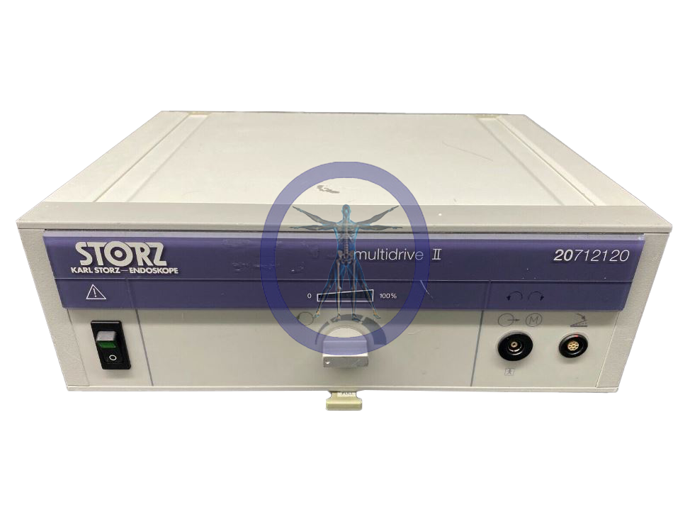 Front view of a Karl Storz 20712120 Multidrive II Console medical device with control knobs and ports, set against a white background.
