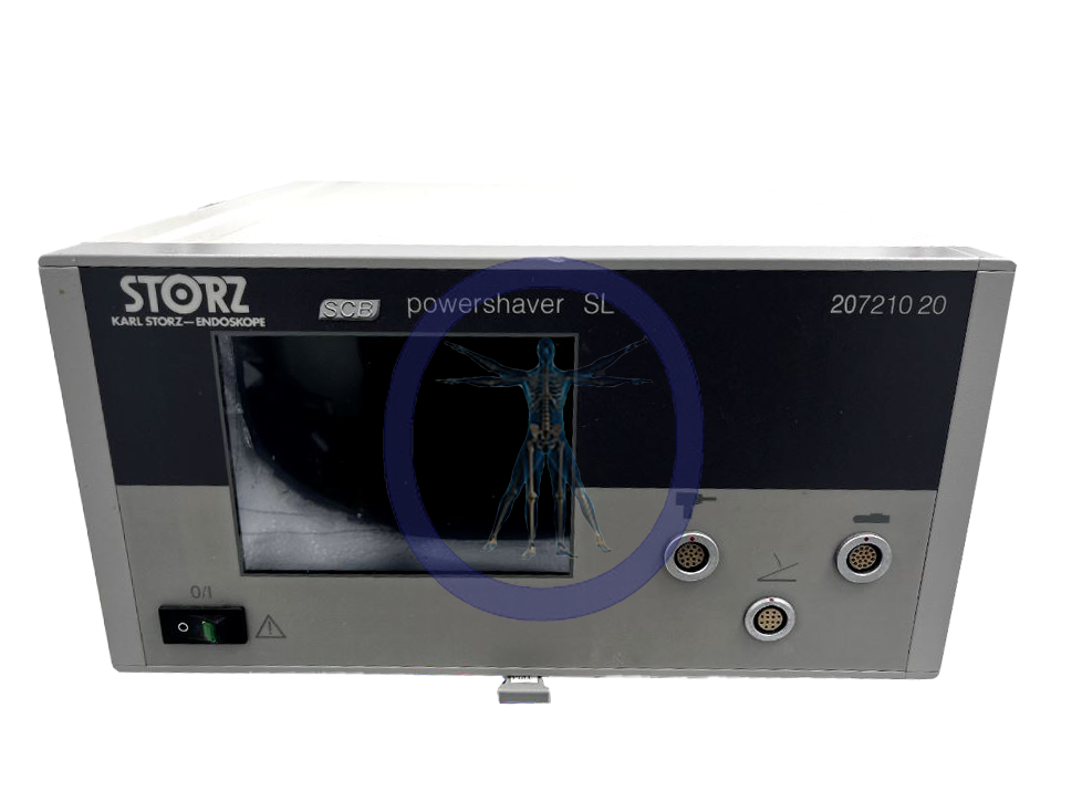 A Karl Storz 20721020 Power Shaver SC Console medical device with a display screen featuring an endoscopic image and control buttons.