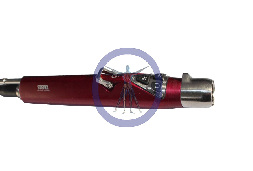 Close-up of a red Karl Storz 28721030 Power Shaver SL With Buttons laryngoscope with a broken blade, isolated on a white background, and circled in purple to highlight the damage.