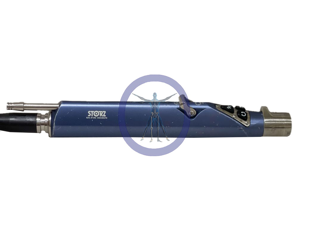 A Karl Storz 28721035 8K Power Shaver SL With Buttons, possibly an endoscope, with a small holographic angel figure superimposed in the center against a white background.