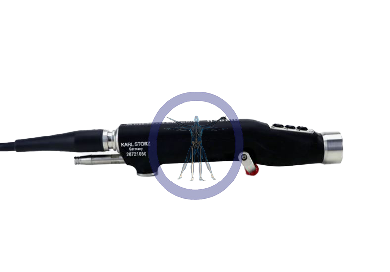 Endoscopic medical device with "Karl Storz 28721050 7K Power Shaver SL With Buttons" label, featuring control buttons and connecting cable, isolated on a white background.