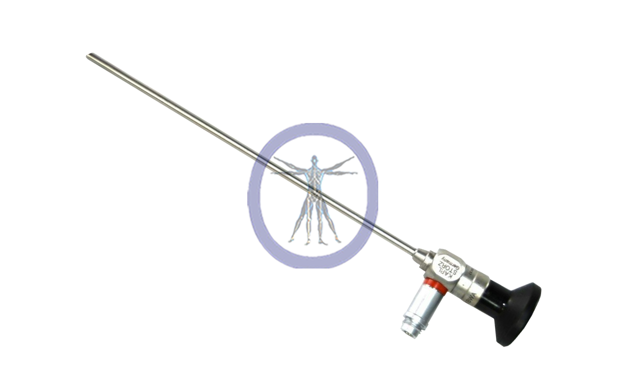 Storz-28731BWA Wide Angle Forward-Oblique Telescope 30° with a long, thin needle and attached gauge, isolated on a white background with a purple circle and human figure icon.