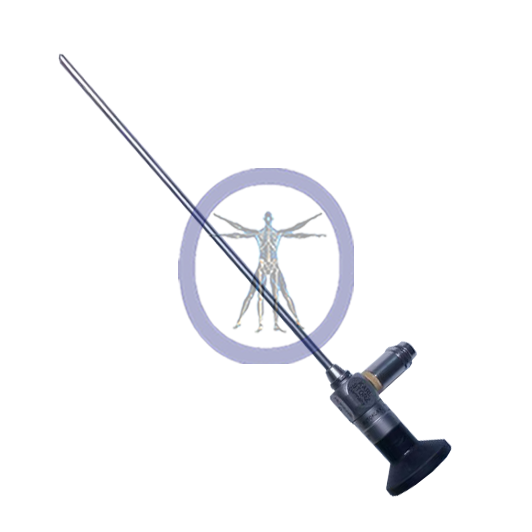 A Storz-28731CWA Wide Angle Lateral Telescope 70°, enlarged view, diameter 4 mm, length 18 cm, autoclavable with an endoscope attached, displayed against a simplified graphic of a human anatomy in the background.