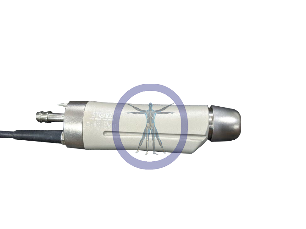 A Karl Storz 40712050 Drill Cut – XII Shaver with a metal body and cable, featuring a holographic projection of a human anatomy displayed in blue tones within a circle.