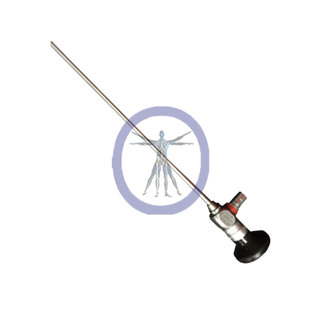 A Storz-7210BA with a pistol grip lies in front of a blurred emblem featuring a human silhouette with an anatomical design.