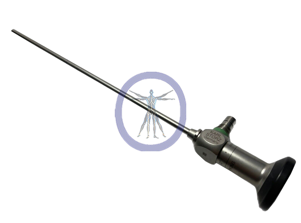An Storz-7230AA Straight Forward Telescope 0°, a medical instrument for viewing inside a joint, with a long, thin metal tube extending from a handle.