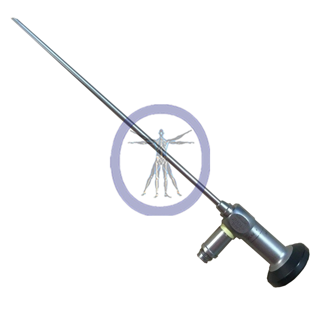 A Storz-7230CA Lateral Telescope Forward-Oblique 70-deg diameter 4mm, 18 cm autoclavable with a long, slender metal shaft and a handle, isolated on a white background with a stylized human anatomy icon in a circle behind it.